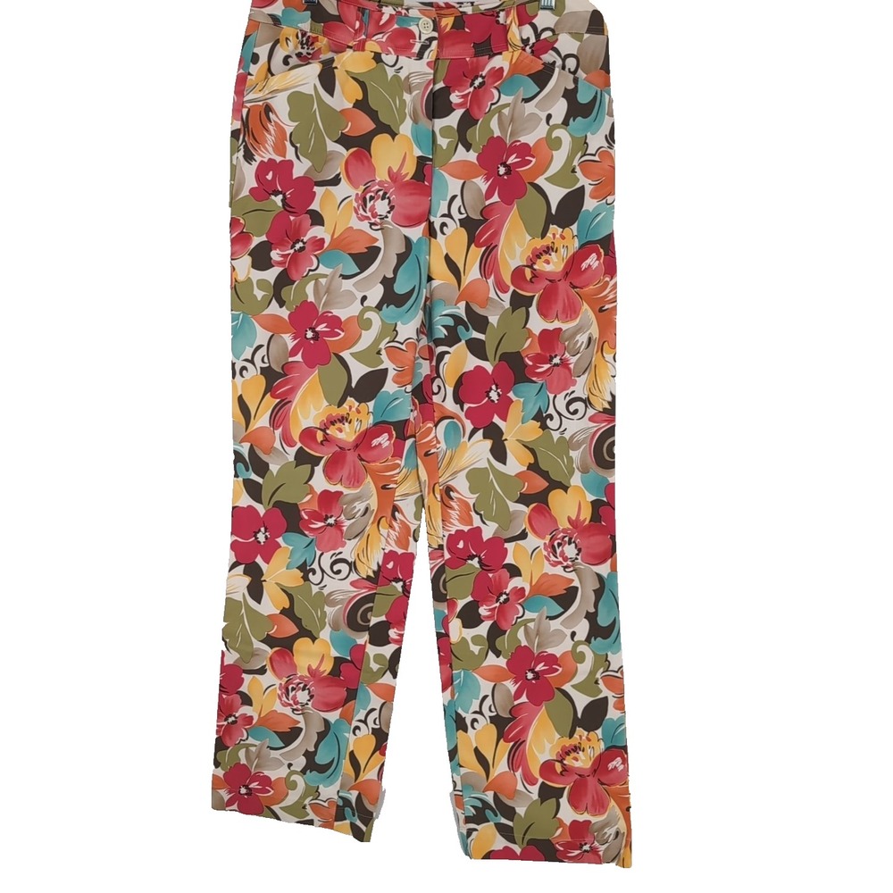 Talbots Womens Size 10 Floral Print Stretch Cotton Straight Leg Pants Multicolor